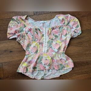 June & Hudson Womens Tropical Corset Peplum Short Sleeve Top M